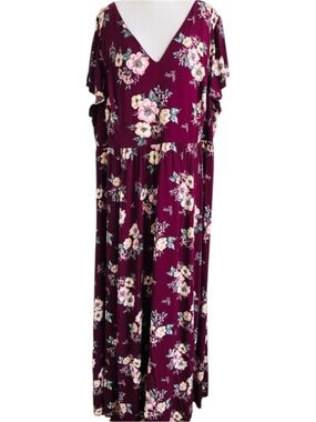 Torrid Floral V-Neck Maxi Plus Size 4 Dress Burgundy Cottagecore Feminine 4X 26